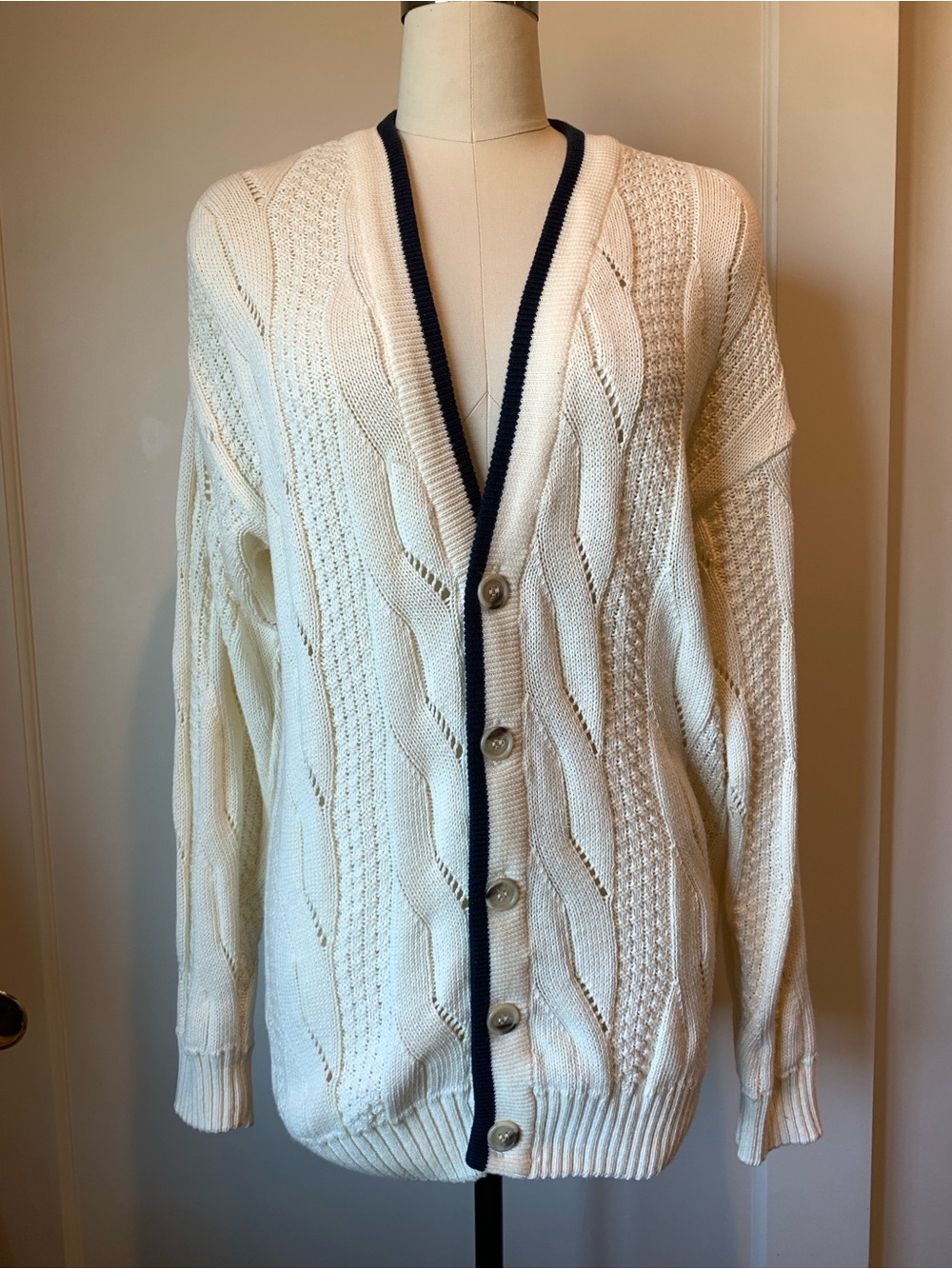 Aquascutum London Cream Cable Knit Cardigan with Navy Trim